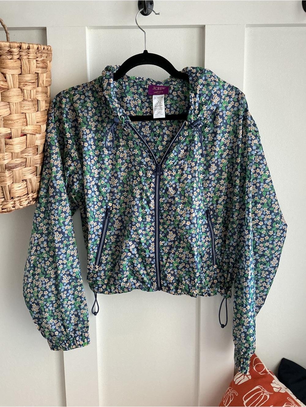 J. Crew Blue Liberty Fabric Floral Hooded Zip Jacket